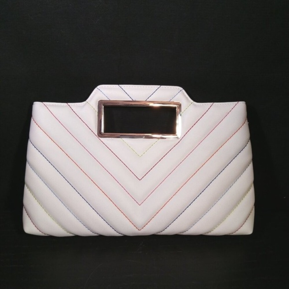 INC International Concepts White Rainbow Quilted Chevron Clutch Bag Silver Trim‎